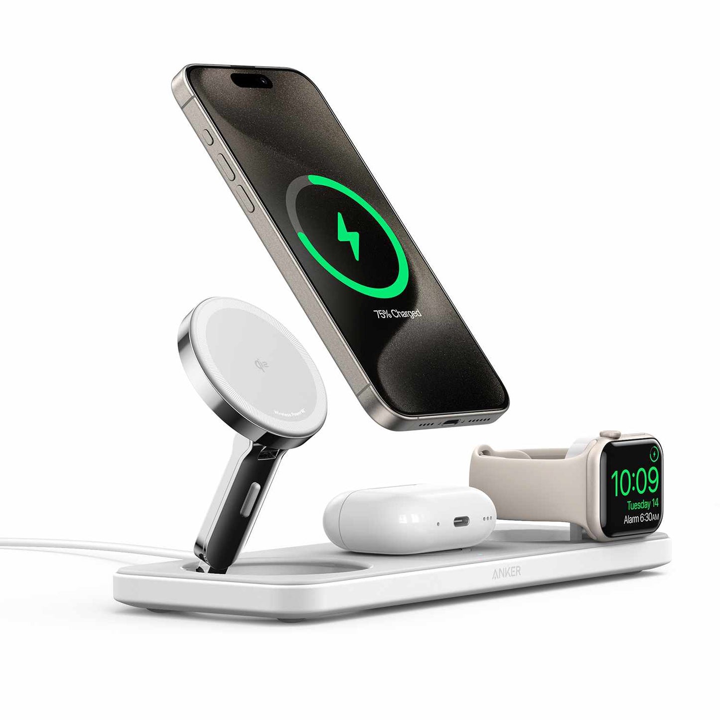 B25M11215 MagGo Qi2 3-in-1 Pad 15W Wireless Charging Station White