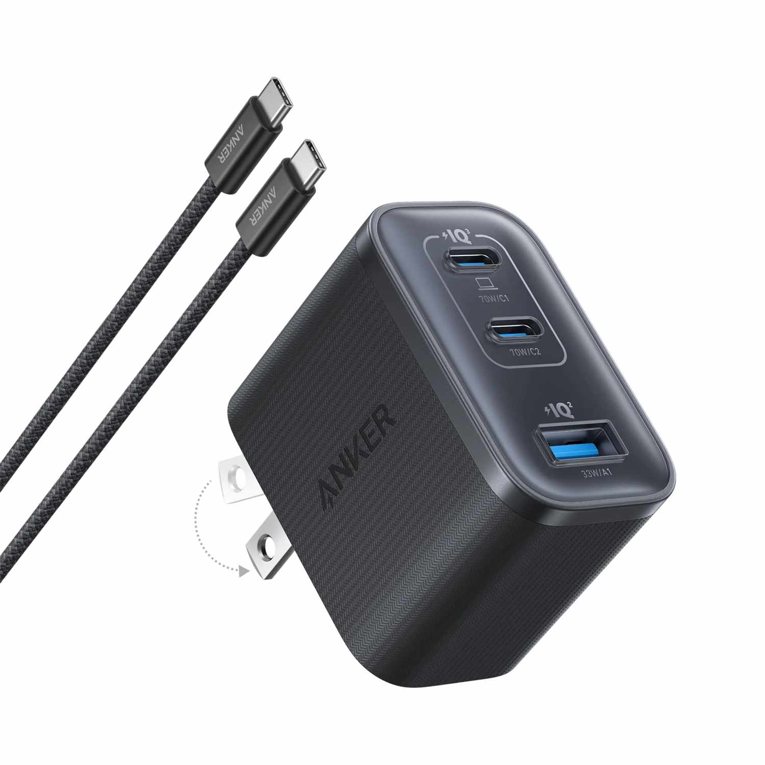 Anker Nano 70W 3-Port USB-C Wall Charger with USB-C Cable Black Stone
