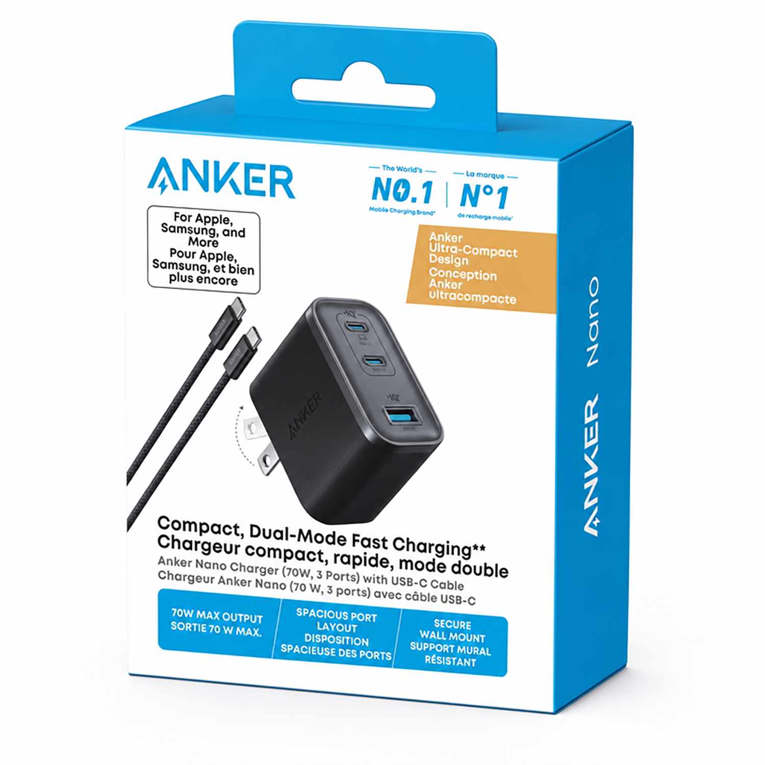 Anker Nano 70W 3-Port USB-C Wall Charger with USB-C Cable Black Stone
