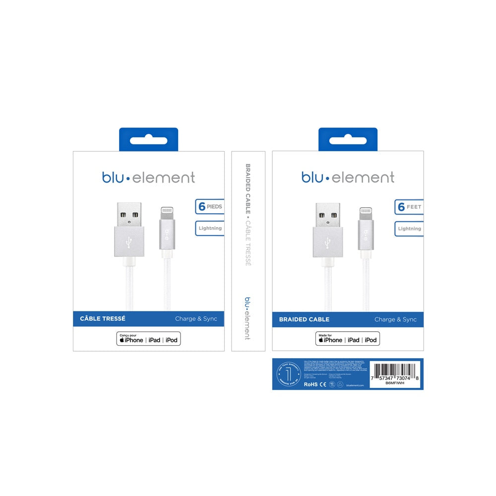 Blu Element Braided Charge/Sync Lightning to USB-A 6ft White - GekkoTech