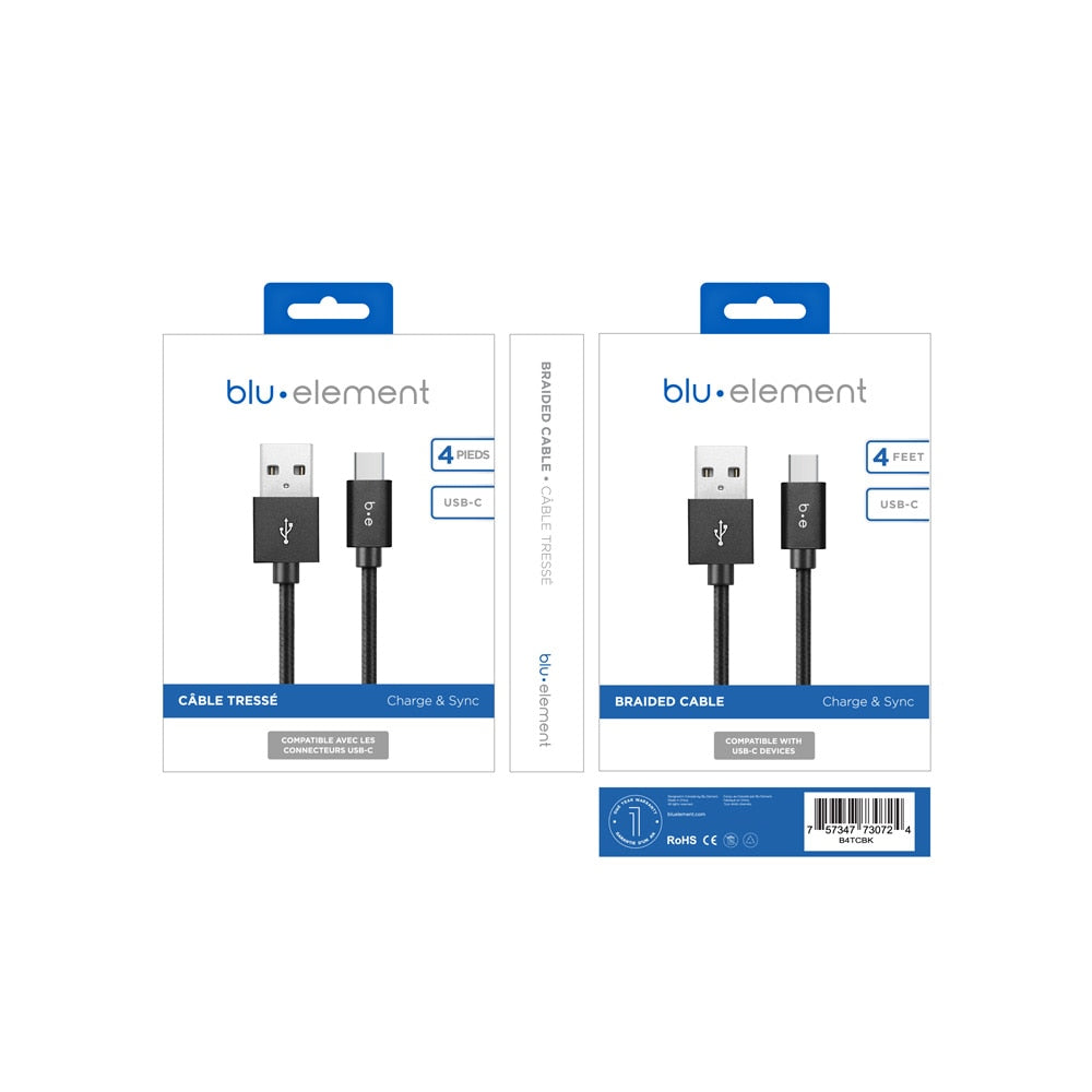 Blu Element Braided Charge/Sync USB-C to USB-A Cable 4ft Black - GekkoTech