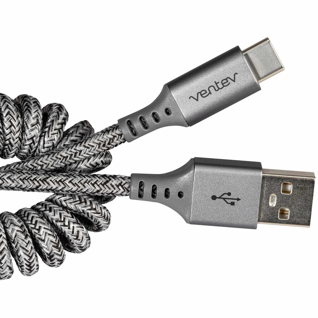 Ventev USB-A to USB-C Coiled Cable 1ft Grey - GekkoTech