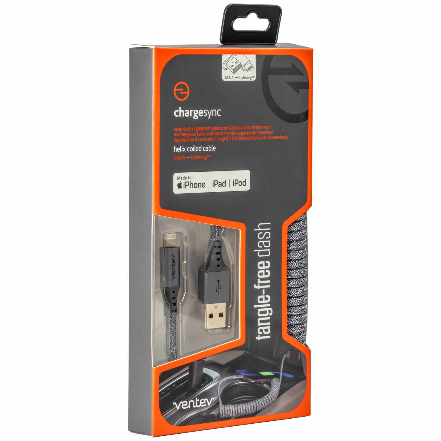 Ventev USB-A to Lightning Coiled Cable 1ft Grey