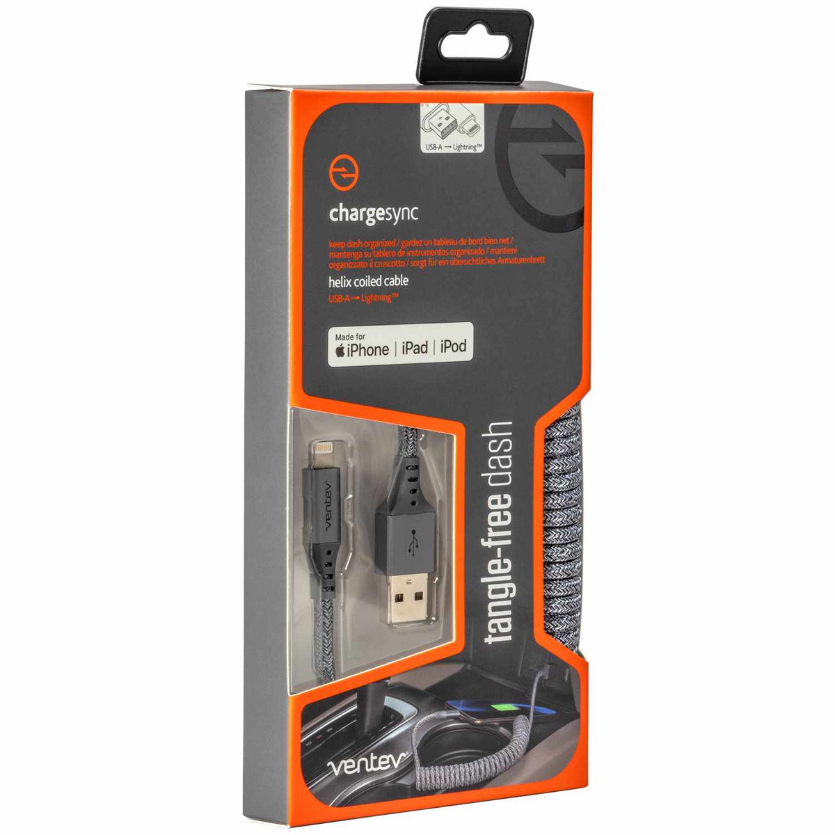 Ventev USB-A to Lightning Coiled Cable 1ft Grey
