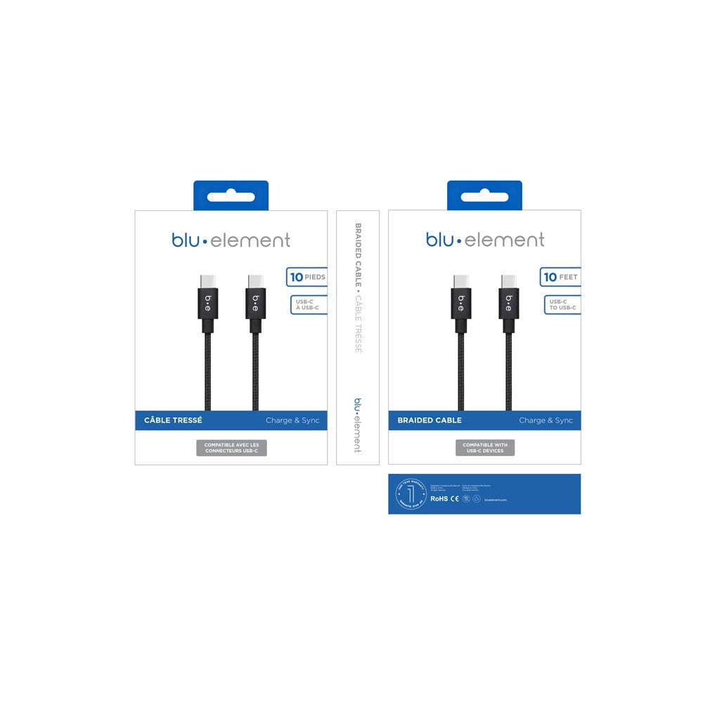 Blu Element Braided Charge/Sync USB-C to USB-C Cable 10ft Black 60W