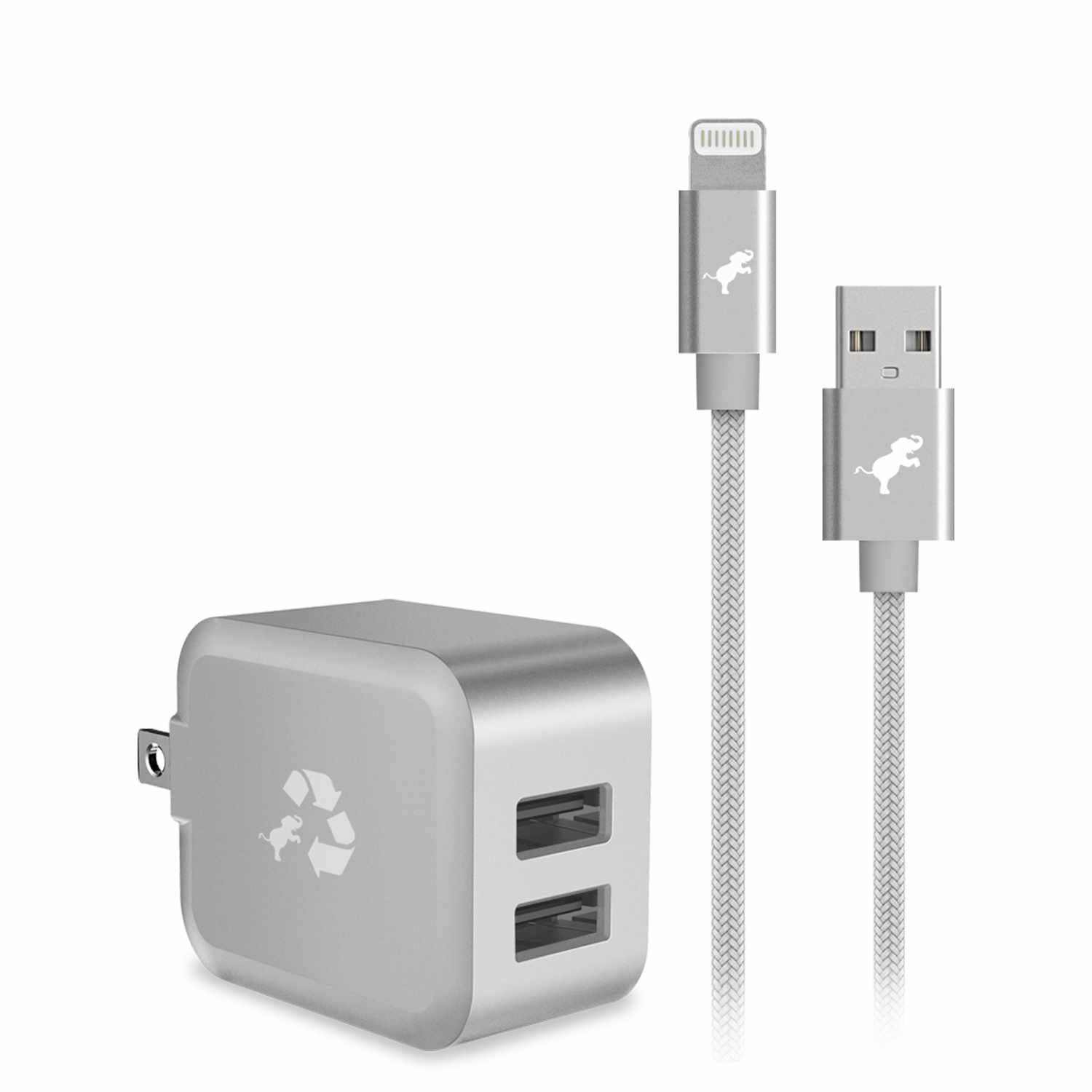 Nimble Wally Duo Wall Charger 12W 2-Ports USB-A with USB-A to Lightning cable Silver