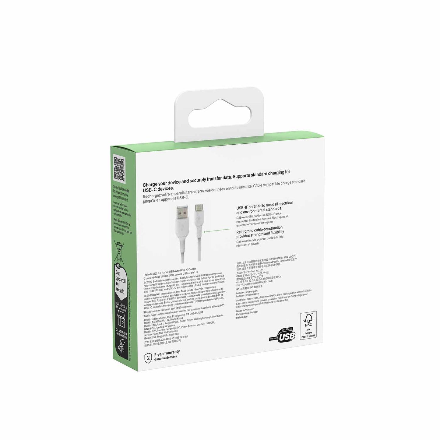 CAB001bt1MWH2PK BoostCharge USB-C to USB-A Cable 1mt (2 Pack) White