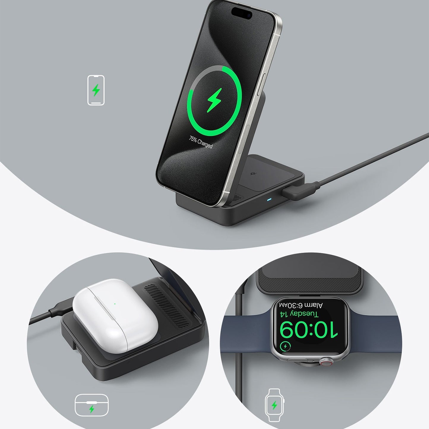 B2557J115 MagGo Qi2 3-in-1 15W Wireless Charging Station with MagSafe Black