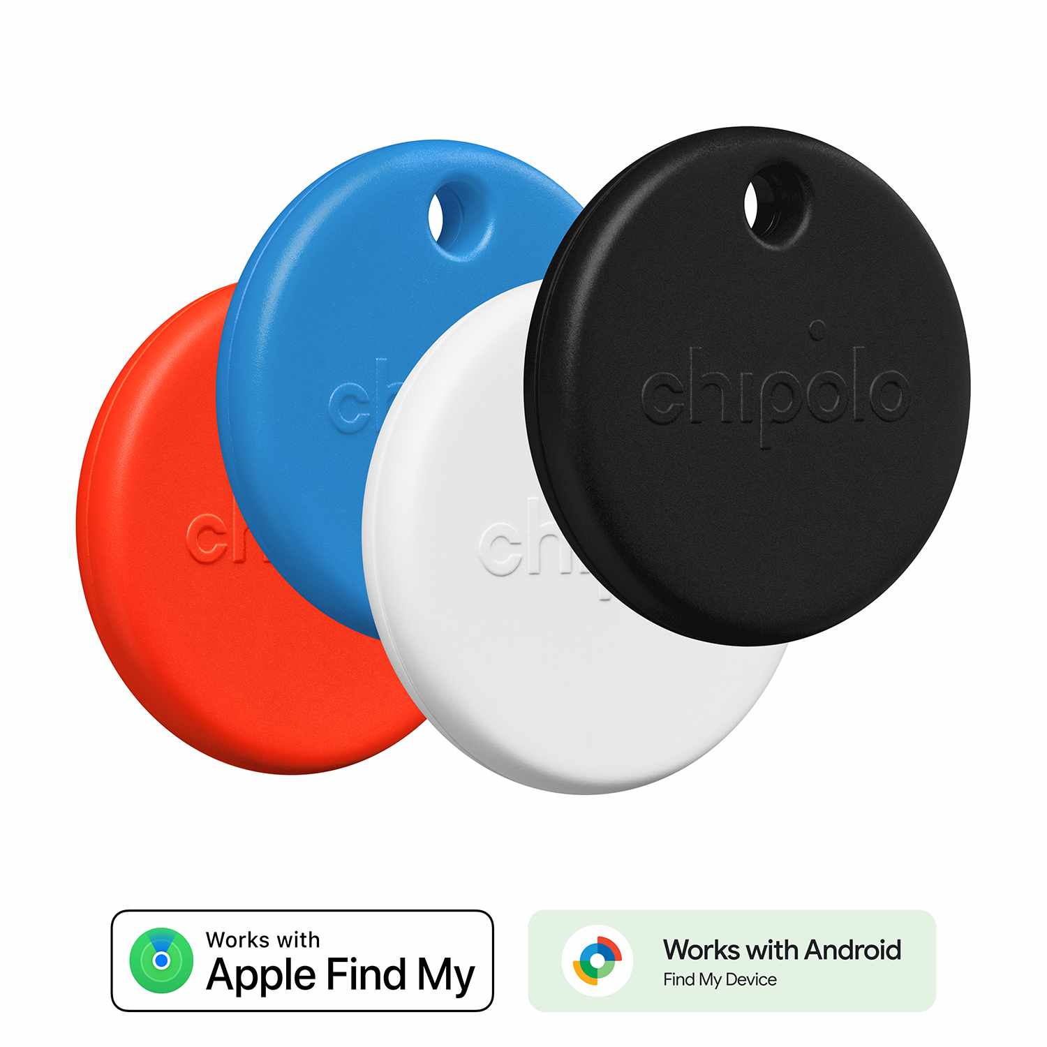 Chipolo POP 4 Pack Tracking Tag (Works with Google’s Find My Device or Apple Find My) Black/White/Red/Blue