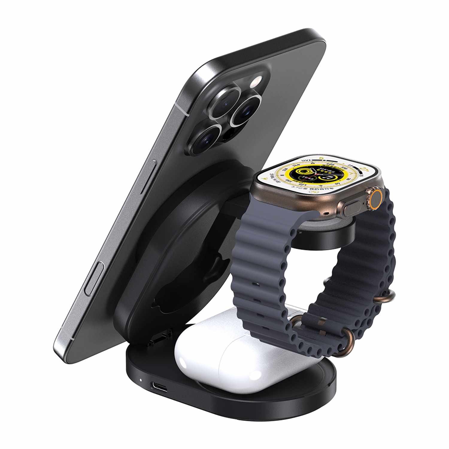 BEWCQi23IN1F Qi2 3-in-1 Foldable Wireless Charging Stand 15W MagSafe-Compatible Black