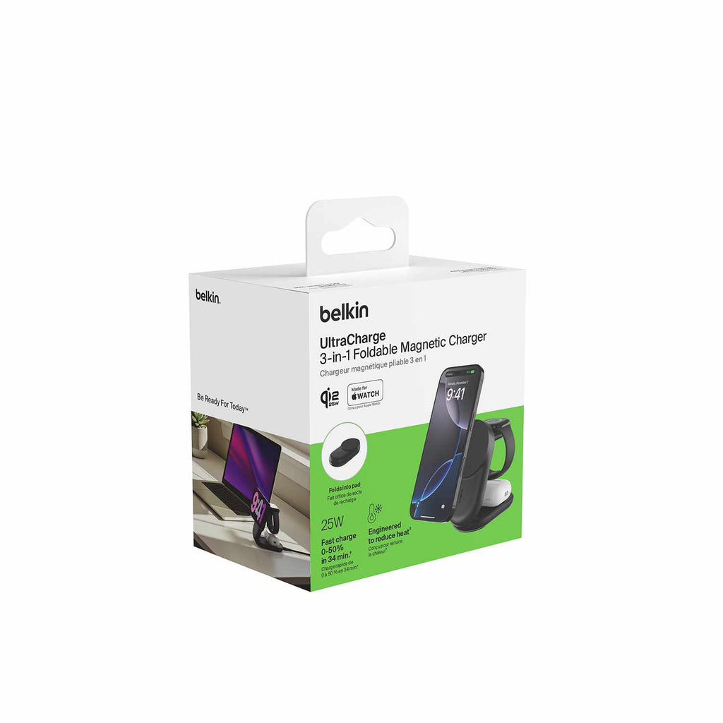 Belkin UltraCharge Qi2 3-in-1 Foldable Magnetic Charger 25W Black