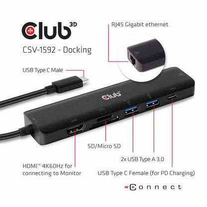 CSV1592 USB-C 7 in 1 Hub to HDMI 4K60HZ+SDTF Card Slot + 2X USB + USB-C PD + RJ45 Gray