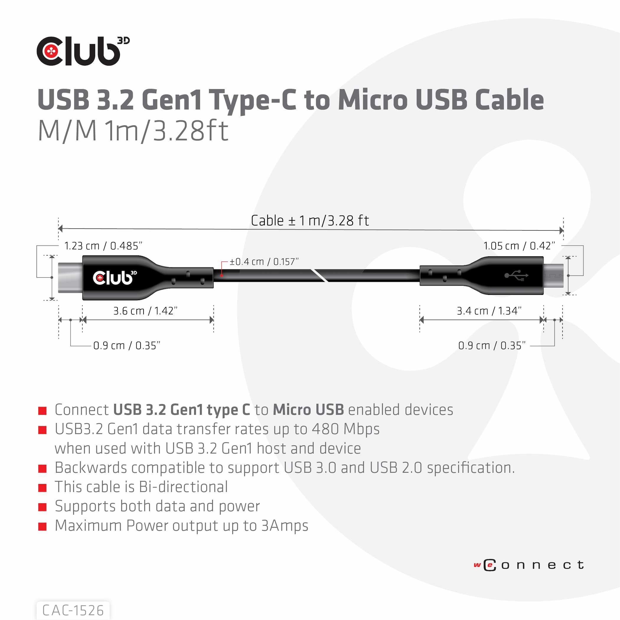 Club3D USB-C 3.2 Gen1 to Micro USB Cable Male/Male 1m/3.28ft Black