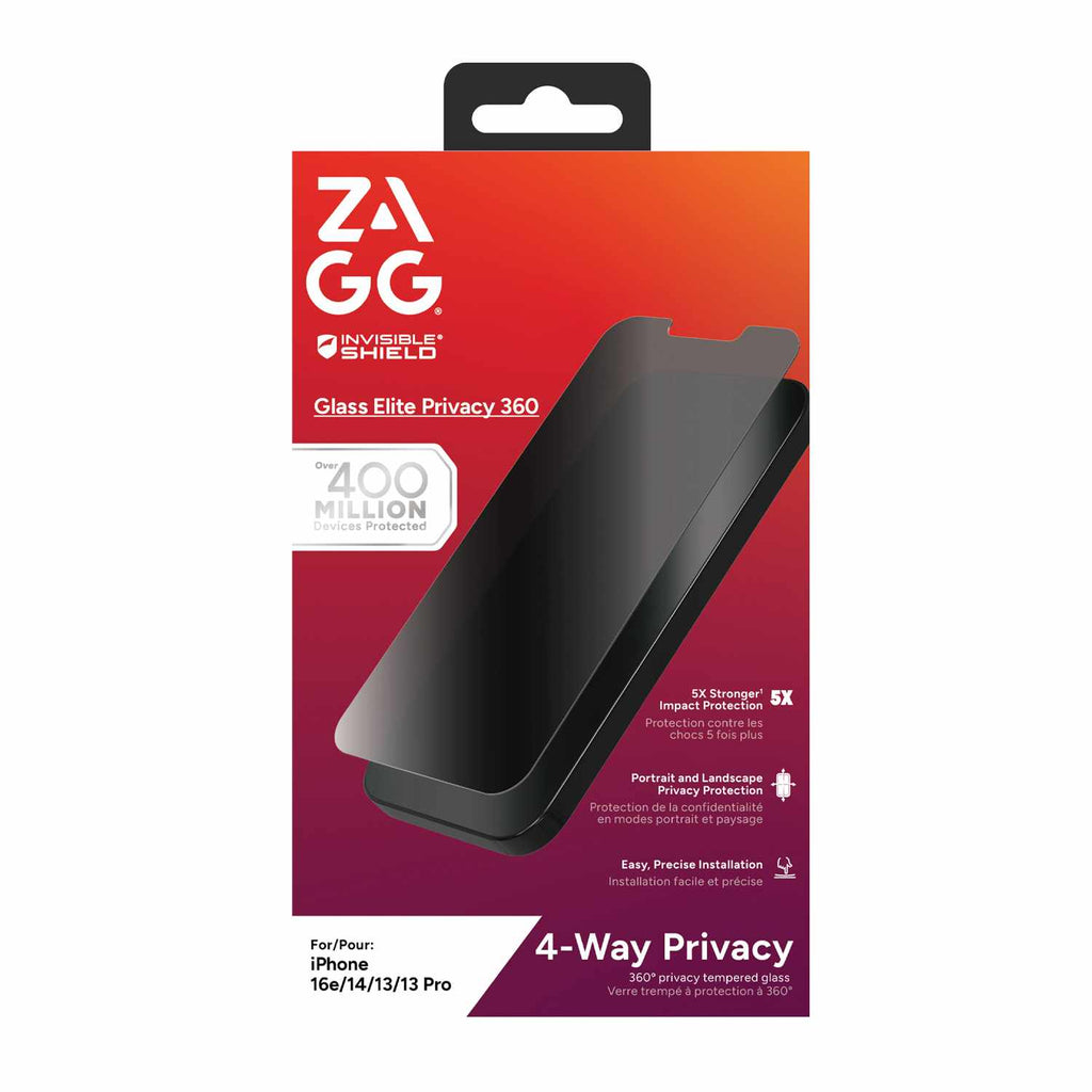 ZAGG InvisibleShield Glass Elite 4-Way Privacy Screen Protector for iPhone 17e/16e/14/13/13 Pro