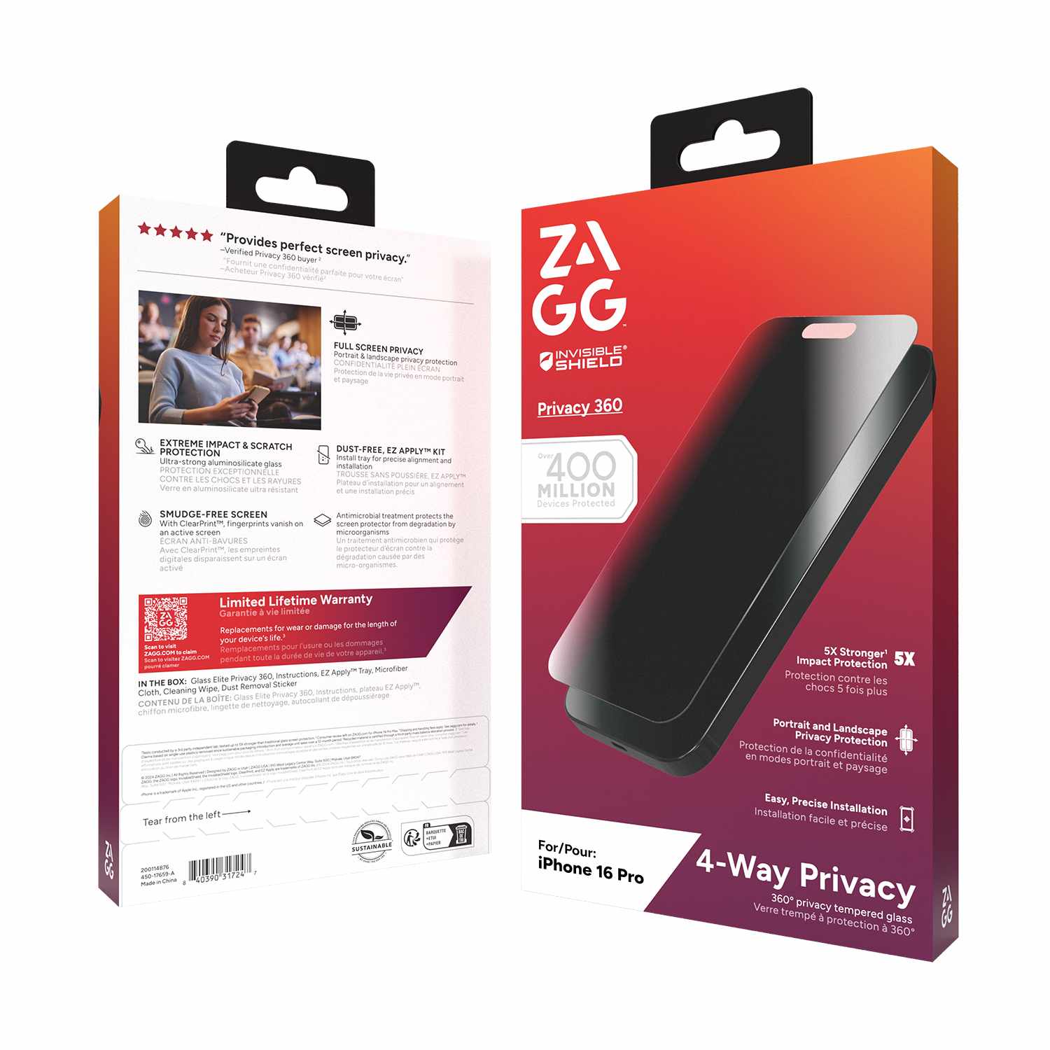 ZAGG InvisibleShield Glass Elite 4-Way Privacy Screen Protector for iPhone 16 Pro
