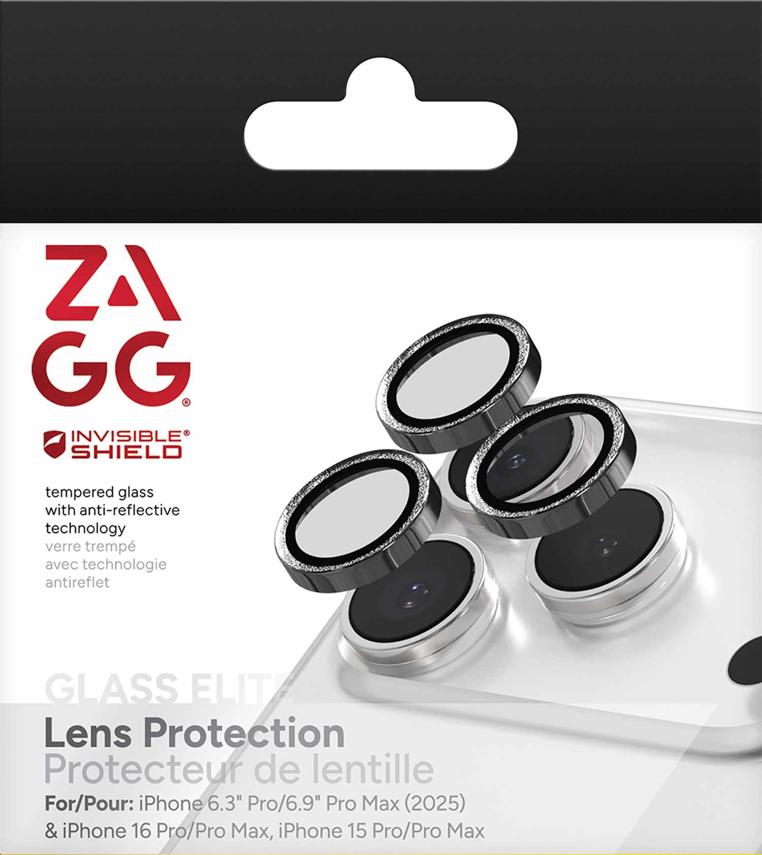ZAGG InvisibleShield Glass Elite Anti-Reflective Lens Protector Silver Glitter for iPhone 17 Pro/17 Pro Max/iPhone 16 Pro Max/16 Pro/15 Pro Max/15 Pro