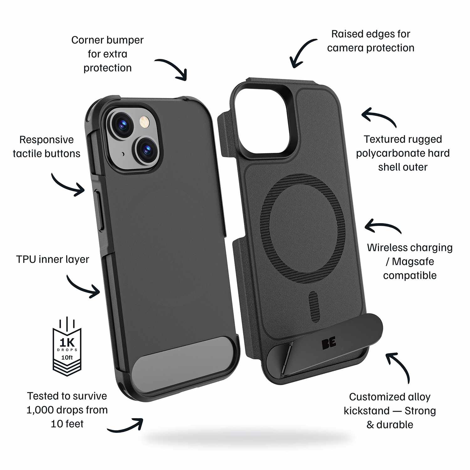 Blu Element Armour Ultra MagSafe w/Kickstand Case Black for iPhone 16e/15/14/13