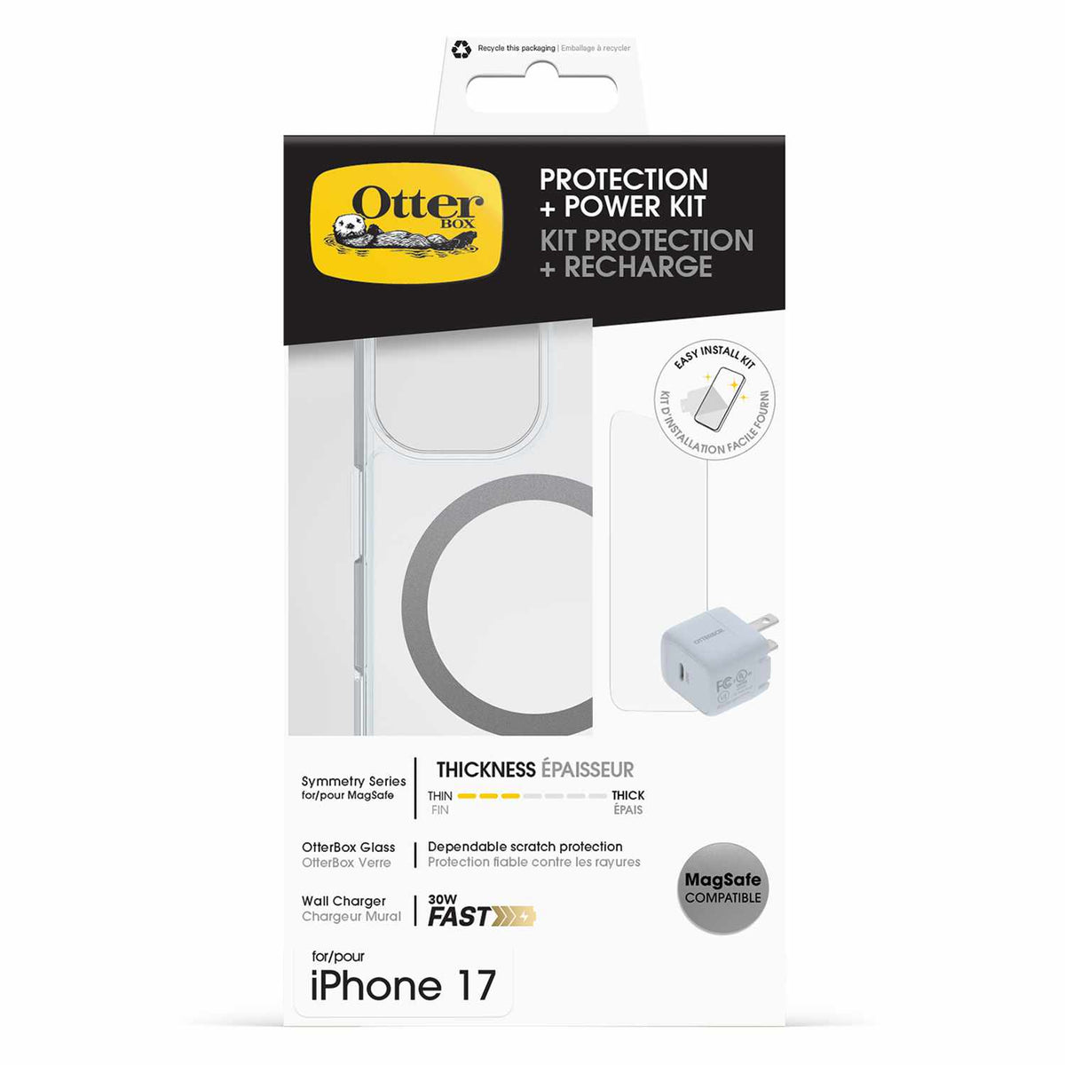 OtterBox Protection+Power Kit (Symmetry Clear MagSafe w/Glass + Wall Charger 30W White) Clear for iPhone 17
