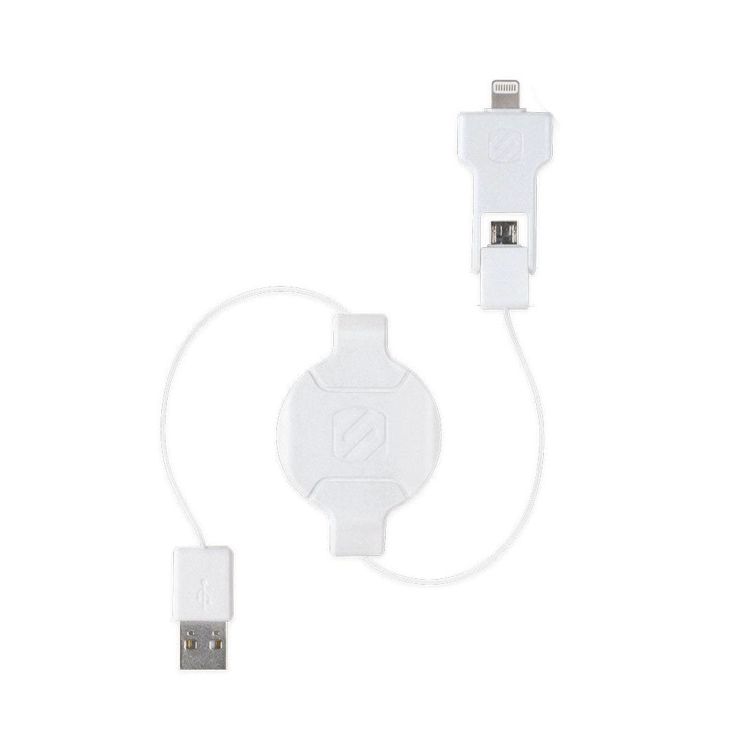 Scosche Charge & Sync Lightning/Micro USB MFI to USB-A 3ft Cable Retractable White StrikeLINE