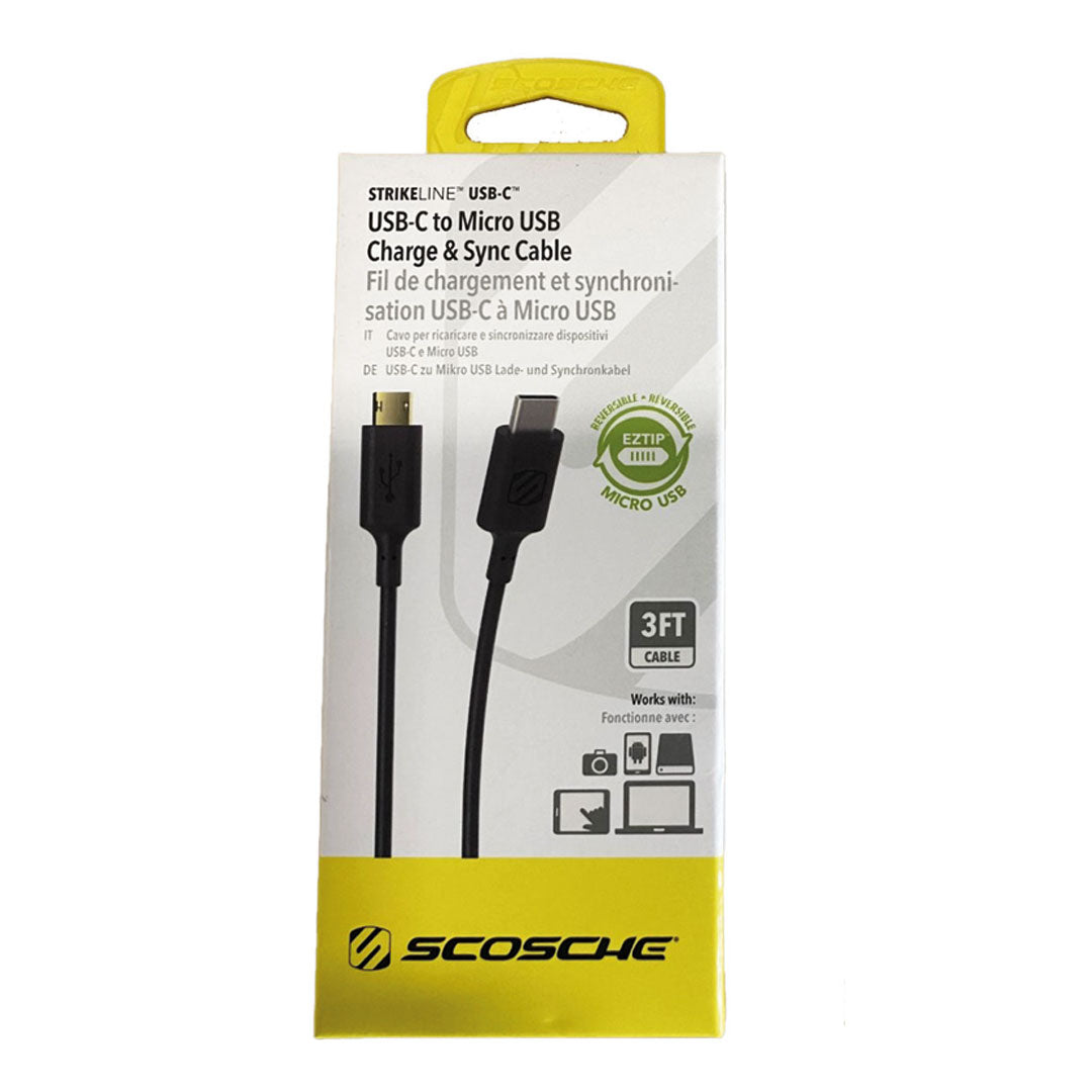 Scosche Charge & Sync USB-C to Micro USB Cable 3ft Black StrikeLINE