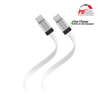 HYPERGEAR CHARGE & SYNC PD USB-C TO USB-C FLEXI FLAT CABLE 6FT PD UP TO 60W FAST CHARGE – WHITE